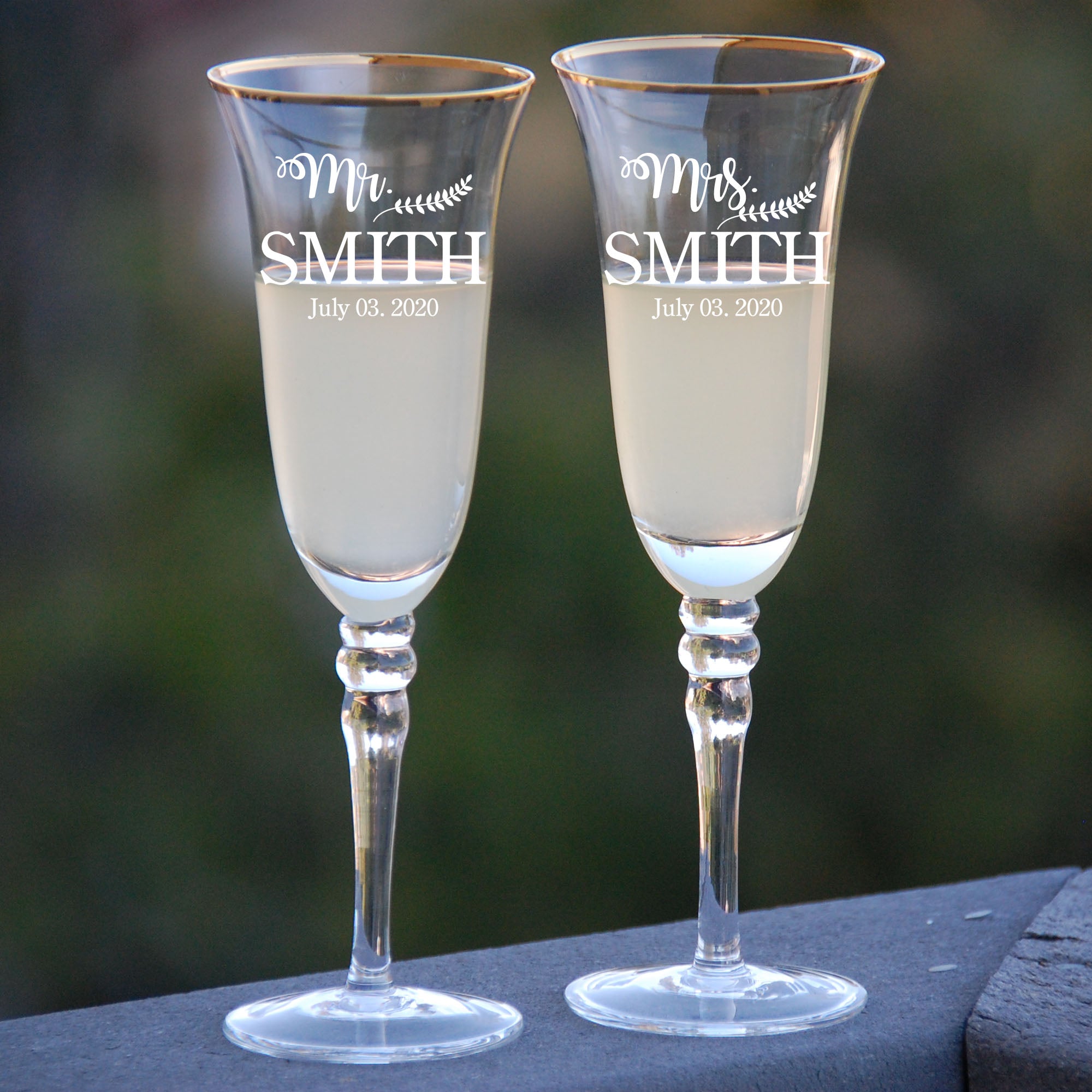 Mr and Mrs Personalized Gold Rim Tulip Shaped Champagne Flutes, Set of 2  Couple gifts by Colin Supple