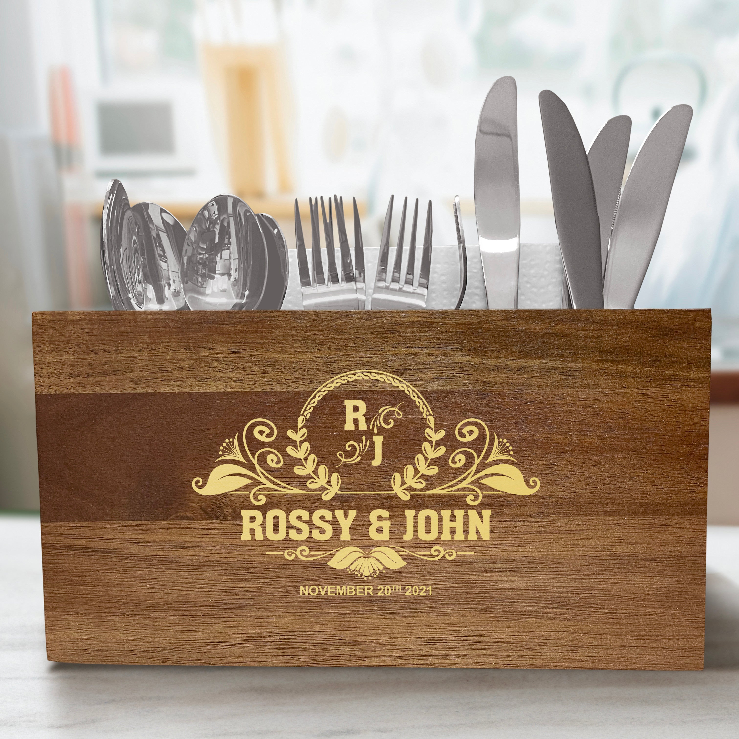 Bamboo Kitchen Utensil Holder - Custom Gift for Bride & Groom -  Personalized Wedding Gift, Anniversary Gift